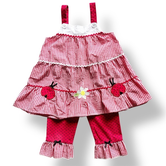 Nannette Girl’s Ladybug 2–Piece Ladybug Outfit 6 red gingham ruffle sleeveless - Picture 1 of 13